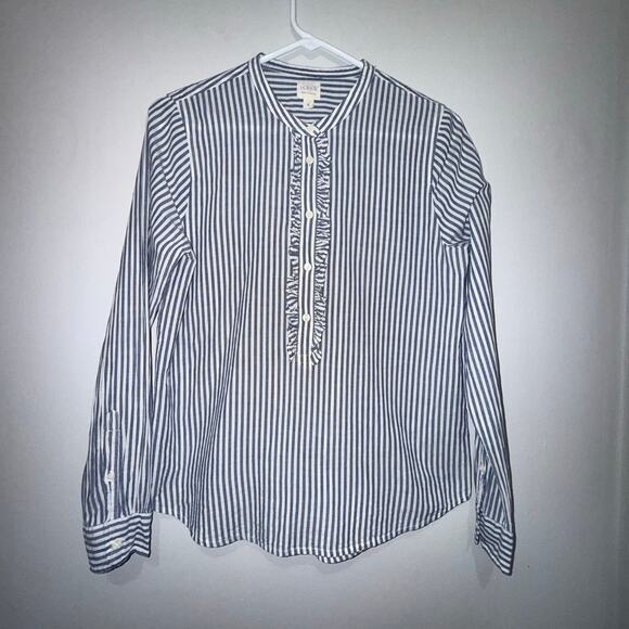 J Crew Factory Ruffle-Front Popover Shirt Blue White Cotton Small - Picture 5 of 13